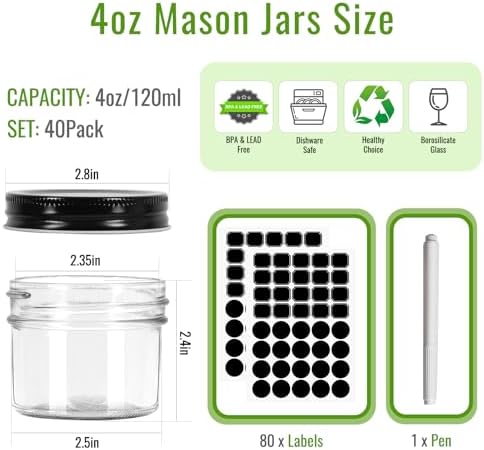 40-Piece Set of 4 oz Mason Jars with Black Lids