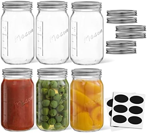 JoyJolt 32 oz Mason Jars with Lids and Labels 6-Pack