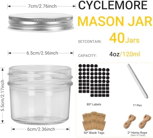 CycleMore 40 Pack Clear 4oz Mason Jars with Silver Lids