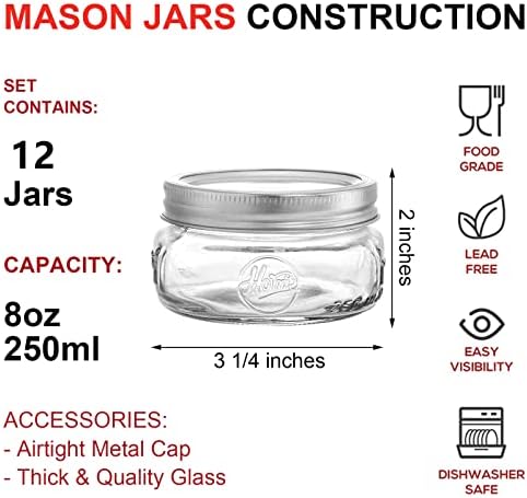 12-Piece Wide-Mouth Glass Mason Jars for Preserving Serving