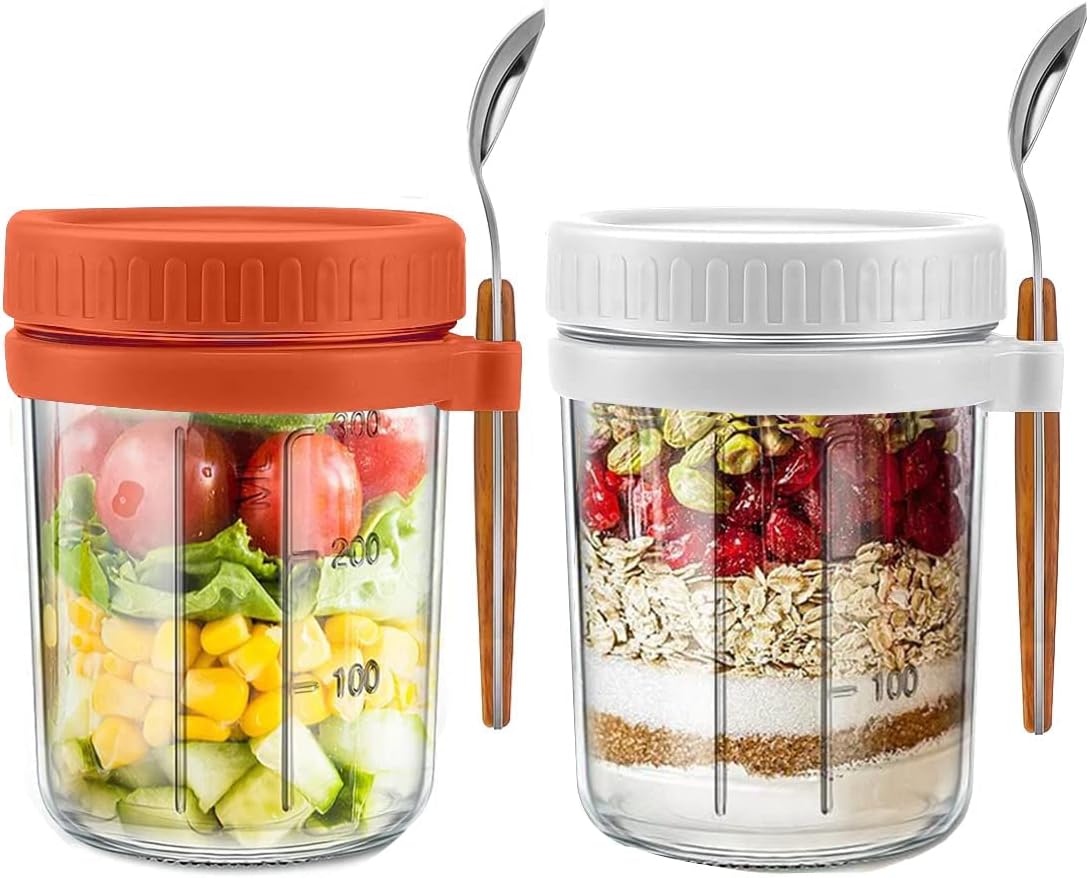 Overnight Oats Container with Lid and Spoon 10 oz Glass Canning Jars