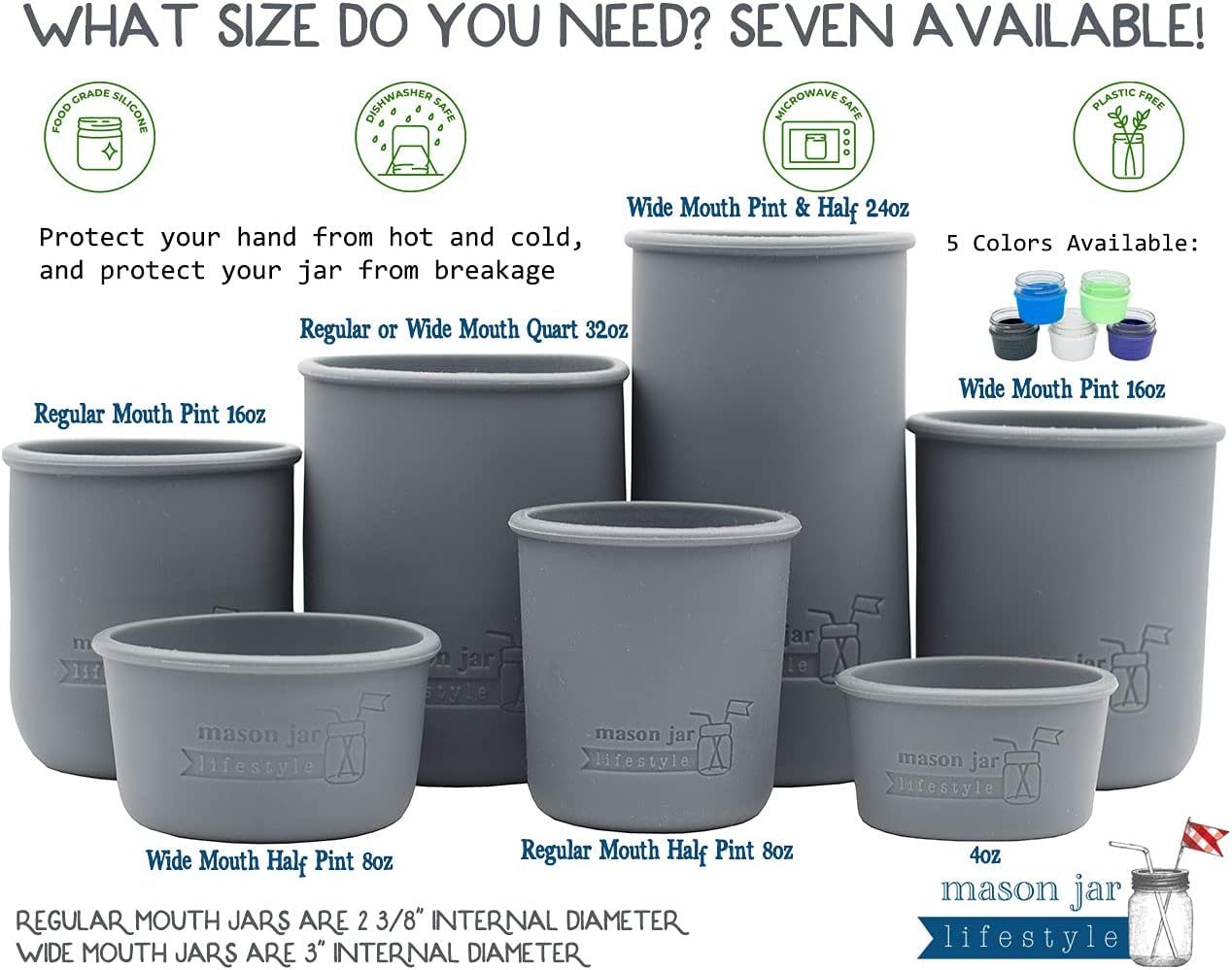 Protect Your Mason Jar with Double-Thick Silicone Sleeves 2-Pack Charcoal Gray