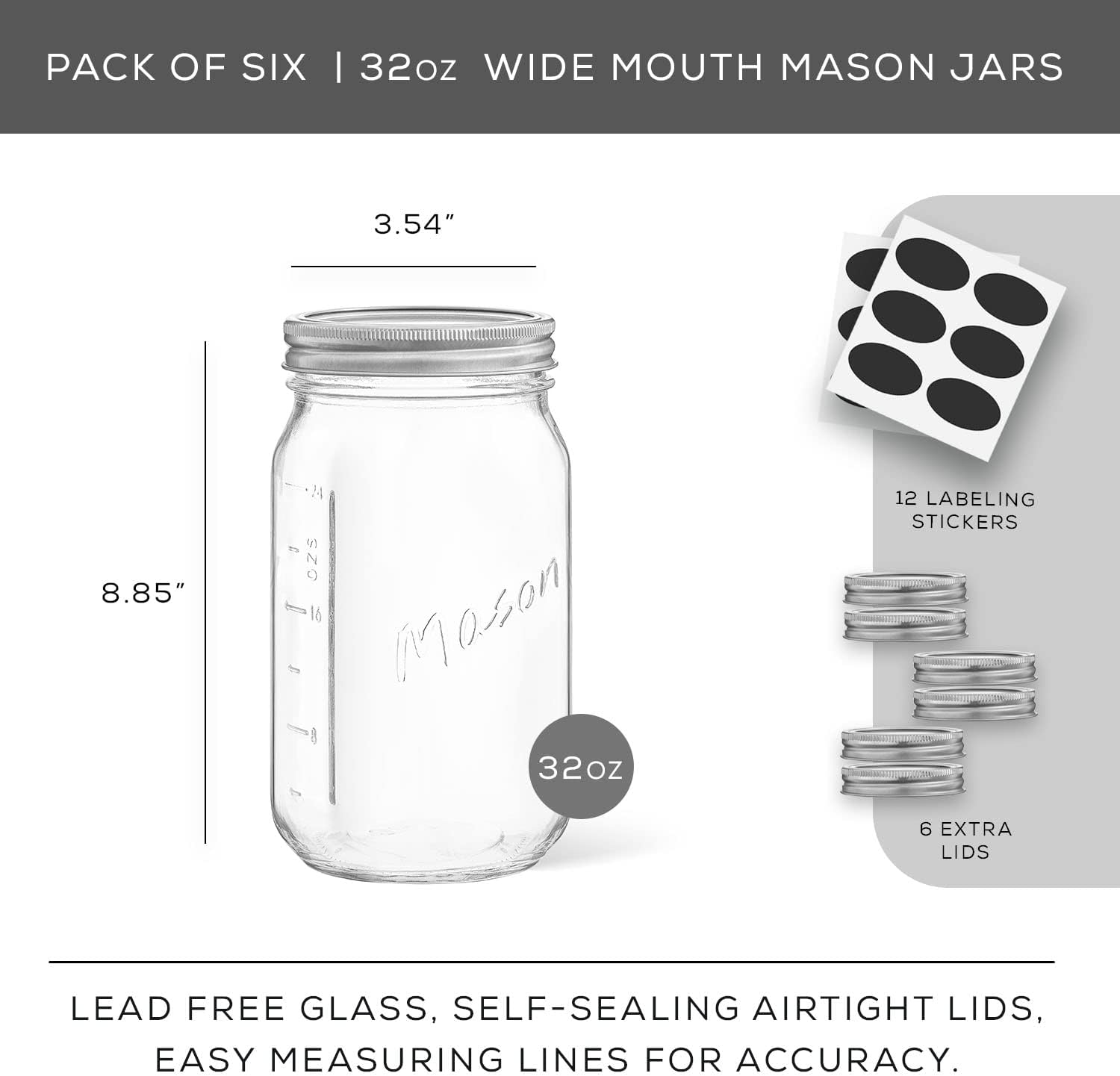 JoyJolt 32 oz Mason Jars with Lids and Labels 6-Pack