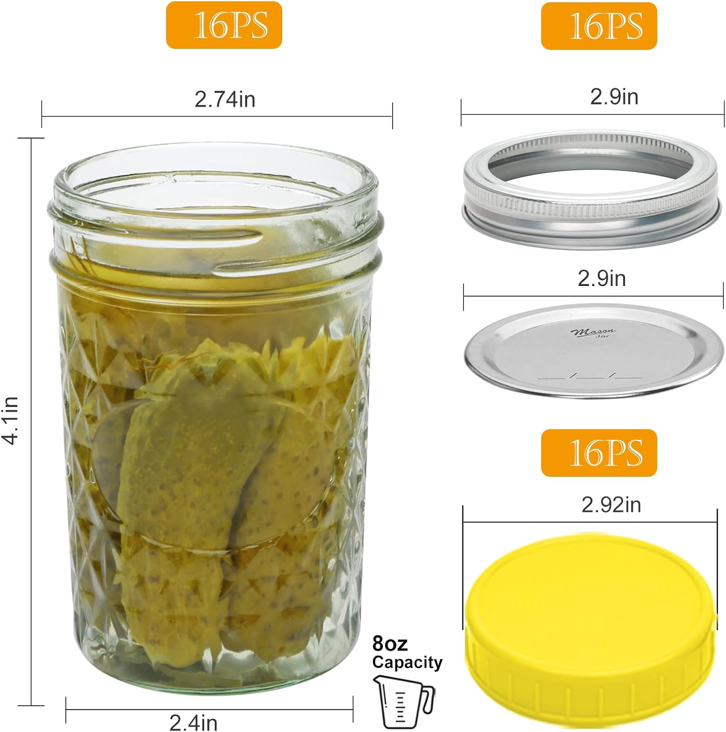 Premium 16-Piece Glass Mason Jars Set