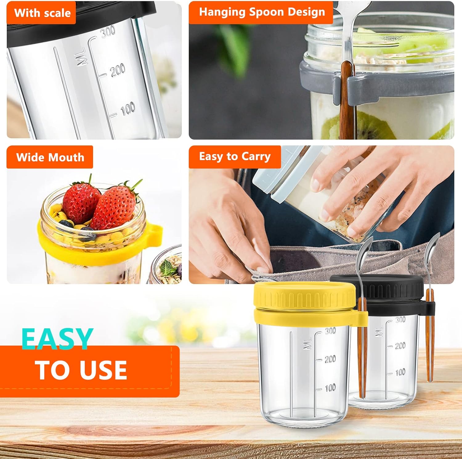 Overnight Oats Container with Lid and Spoon 10 oz Glass Canning Jars