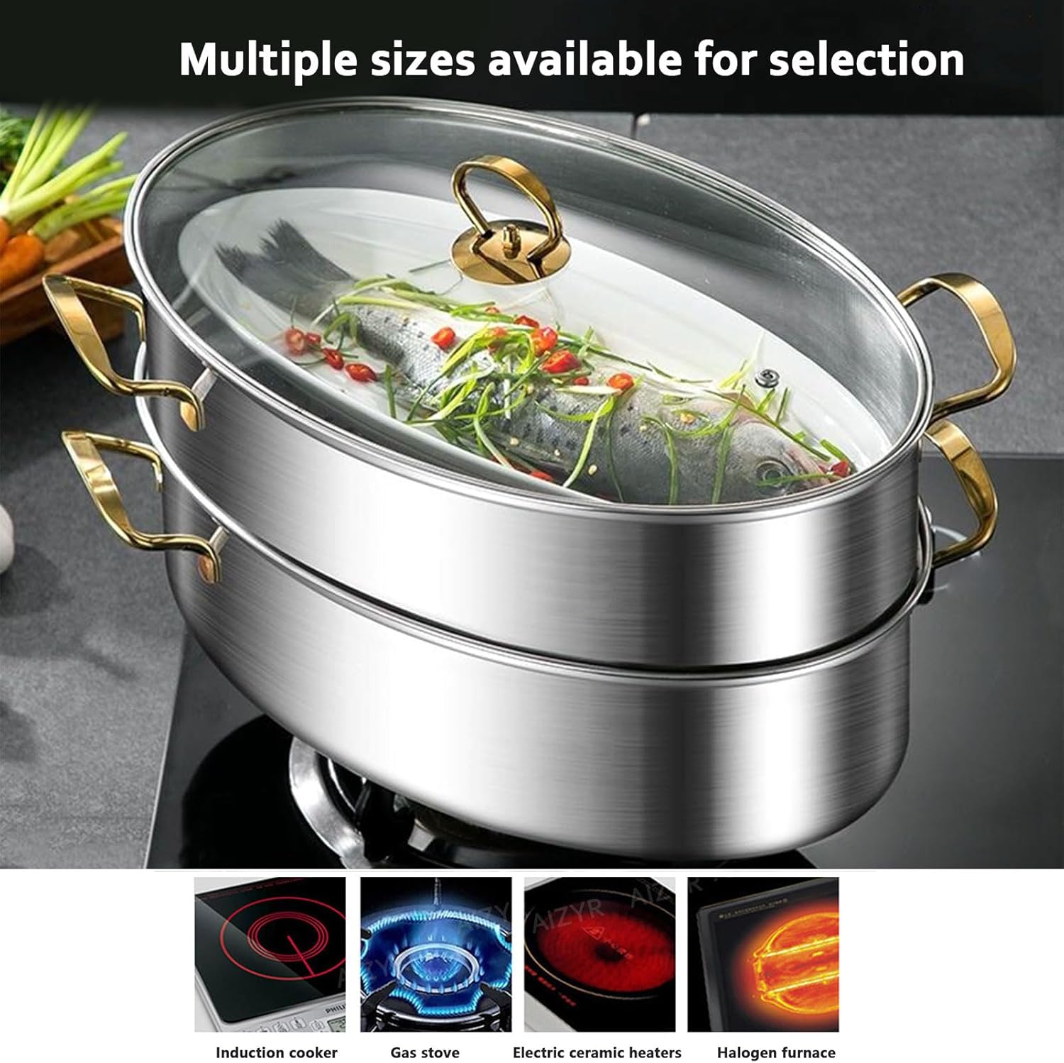 AIZYR Stainless Steel Fish Steamer Pot 2 Tier Boiling Fish with Ease