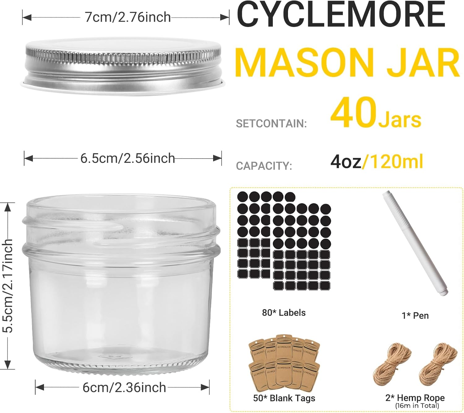 CycleMore 40 Pack Clear 4oz Mason Jars with Silver Lids