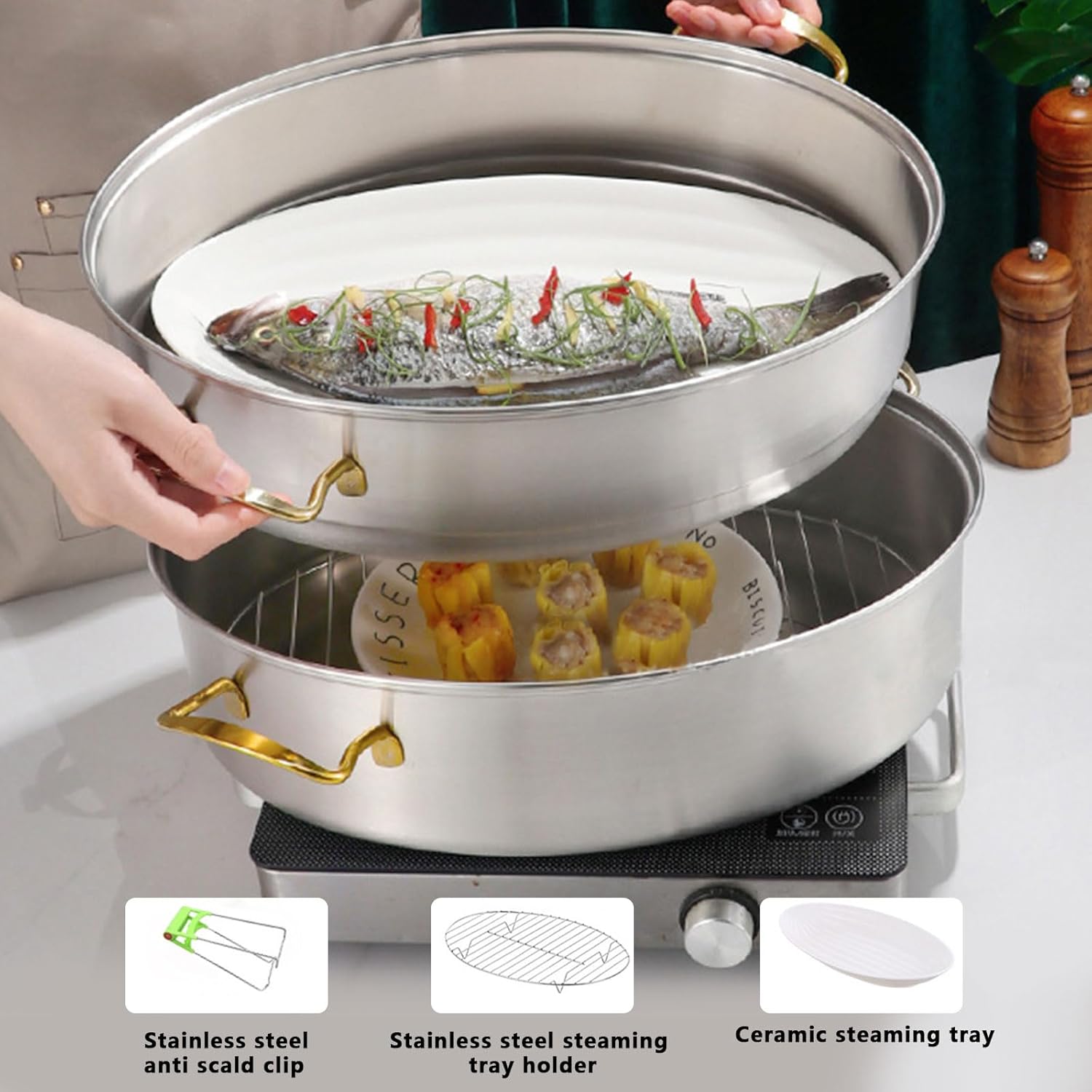 AIZYR Stainless Steel Fish Steamer Pot 2 Tier Boiling Fish with Ease