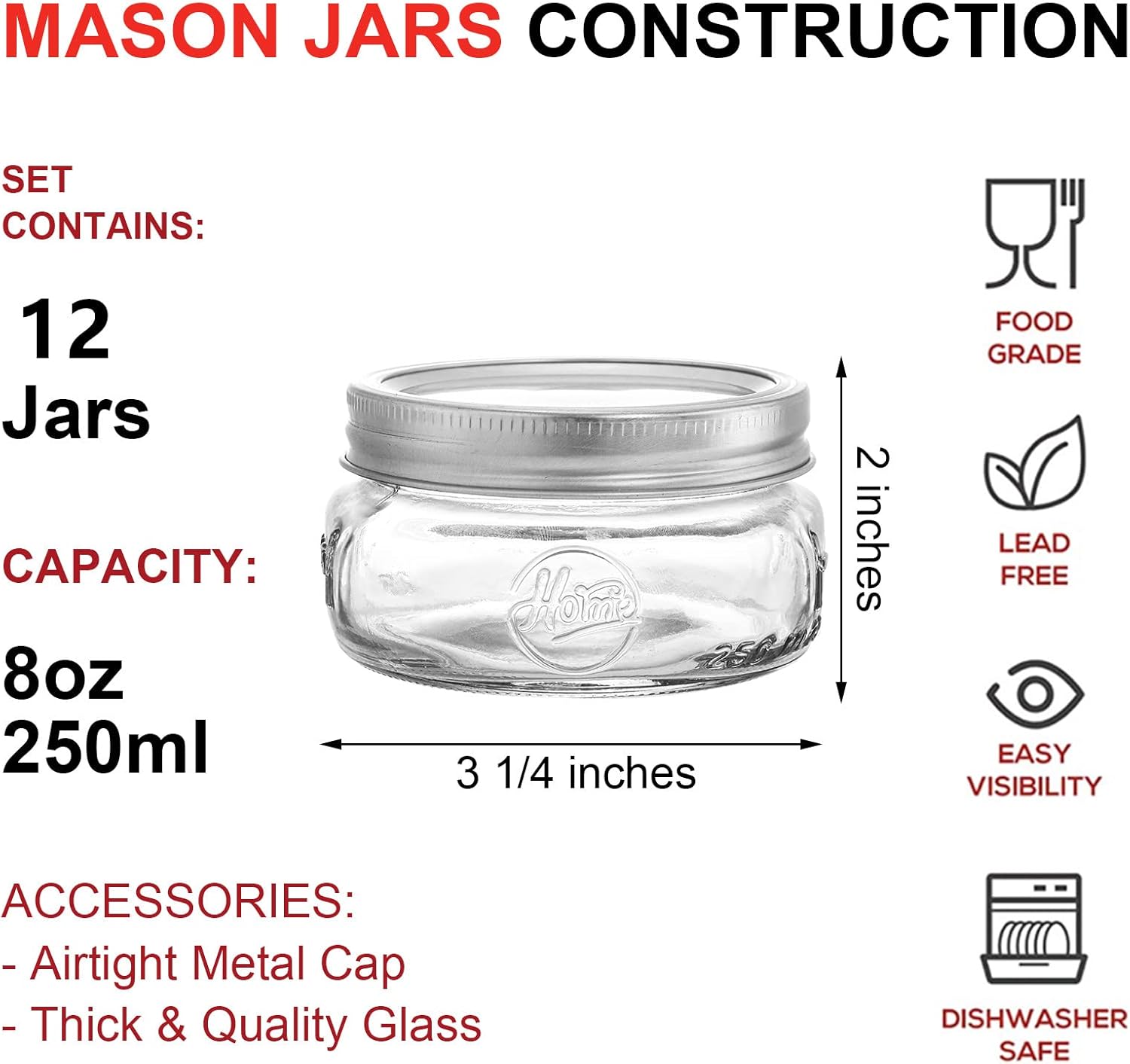 12-Piece Wide-Mouth Glass Mason Jars for Preserving Serving