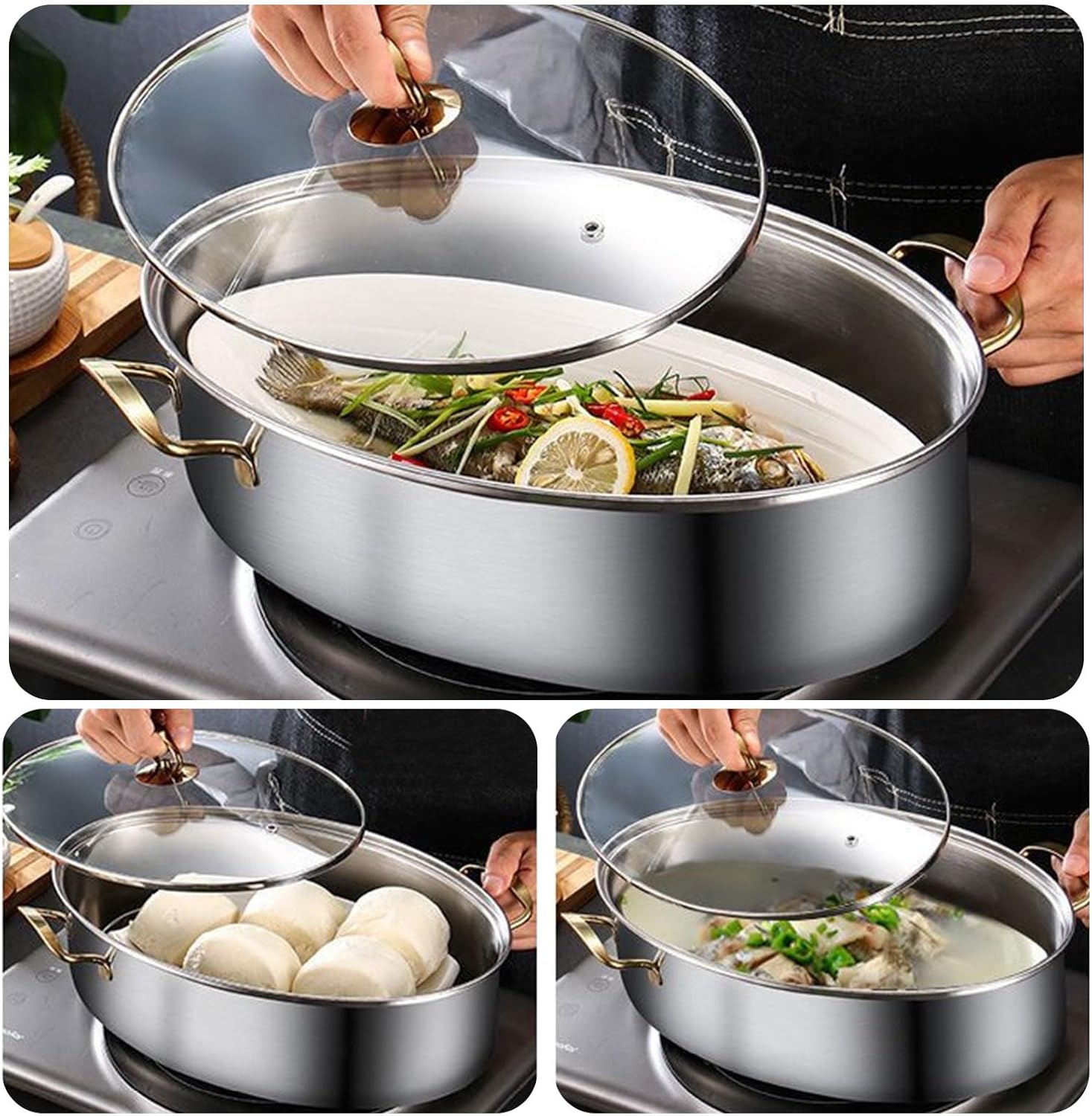 AIZYR Stainless Steel Fish Steamer Pot 2 Tier Boiling Fish with Ease