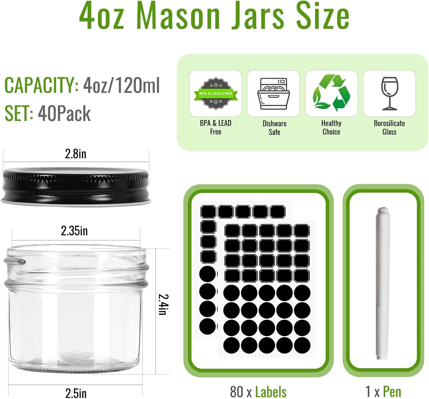 40-Piece Set of 4 oz Mason Jars with Black Lids