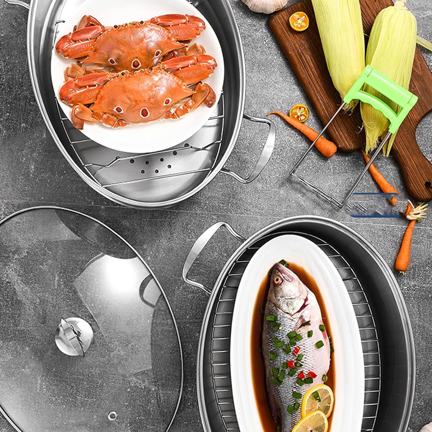 Stainless Steel Fish Steamer with Ceramic Plate and Rack