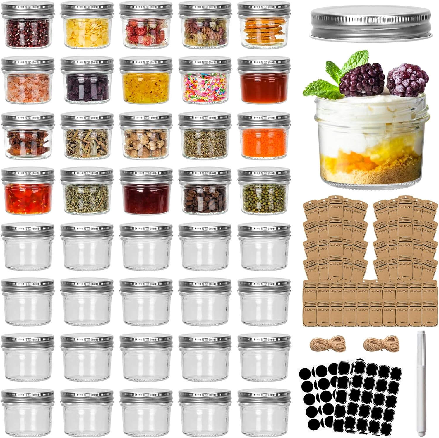 CycleMore 40 Pack Clear 4oz Mason Jars with Silver Lids