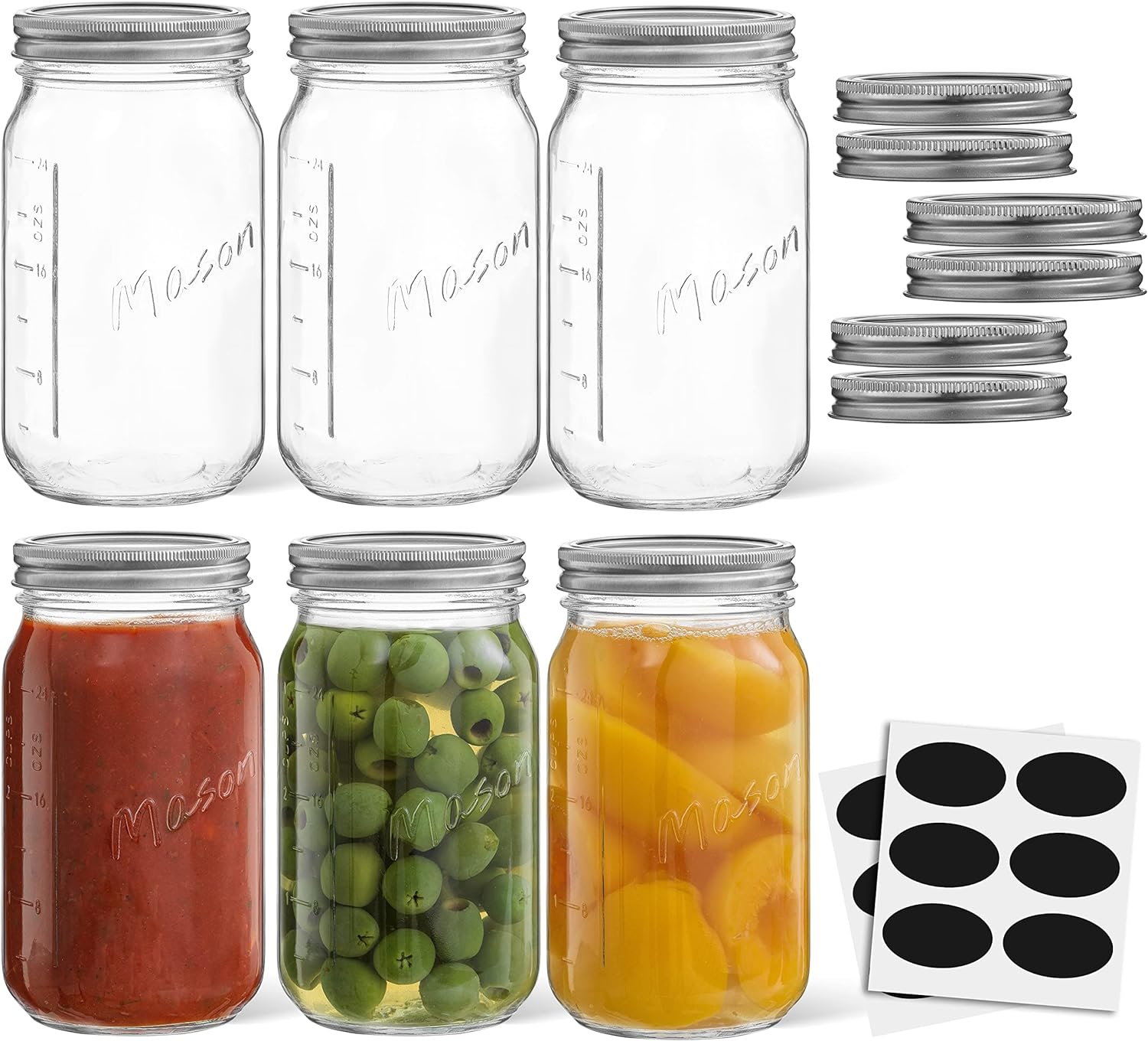 JoyJolt 32 oz Mason Jars with Lids and Labels 6-Pack