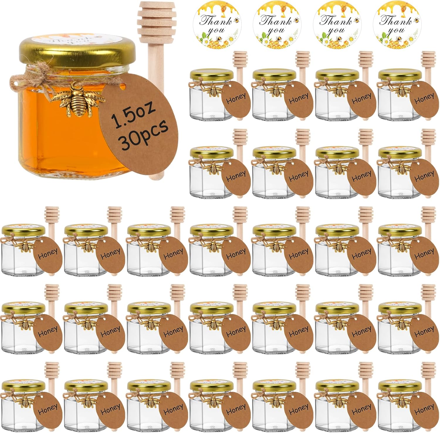 DHSBTLS 30-Pack 15 oz Mini Glass Honey Jars with Wooden Dipper